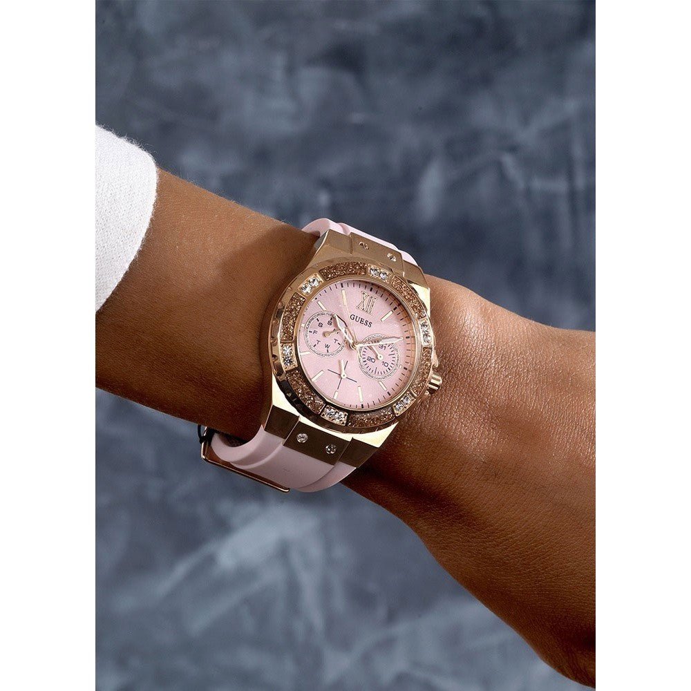 Guess Rose Gold Dial with Diamonds Pink Rubber Strap Watch For Women - W1053L3 Buy Now By Guess