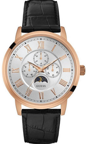 Guess Delancy Quartz Silver Dial Black Leather Strap Watch For Men - W0870G2 Buy Now By Guess