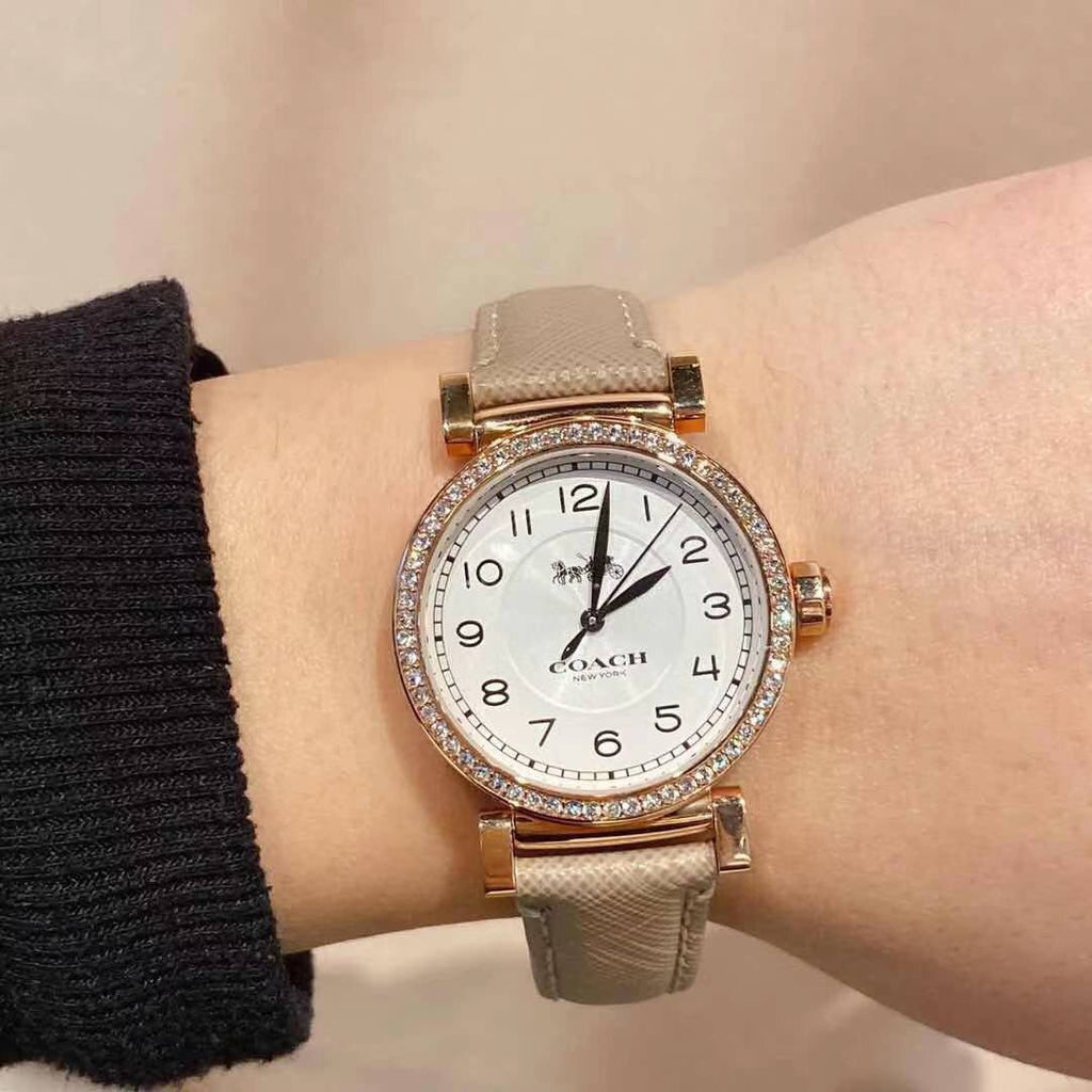 Coach Madison Diamonds White Dial Beige Leather Strap Watch for Women - 14503394 Buy Now By Coach