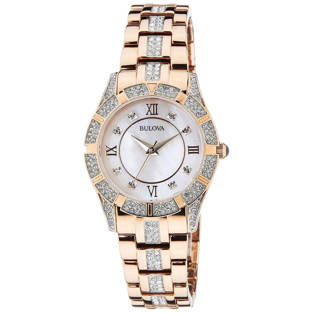 Bulova Crystal Mother of Pearl Dial Rose Gold Steel Strap Watch for Women - 98L197 Buy Now By Bulova