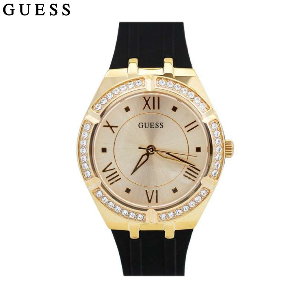 Guess Cosmo Diamonds Gold Dial Black Rubber Strap Watch for Women - GW0034L1 Buy Now By Guess