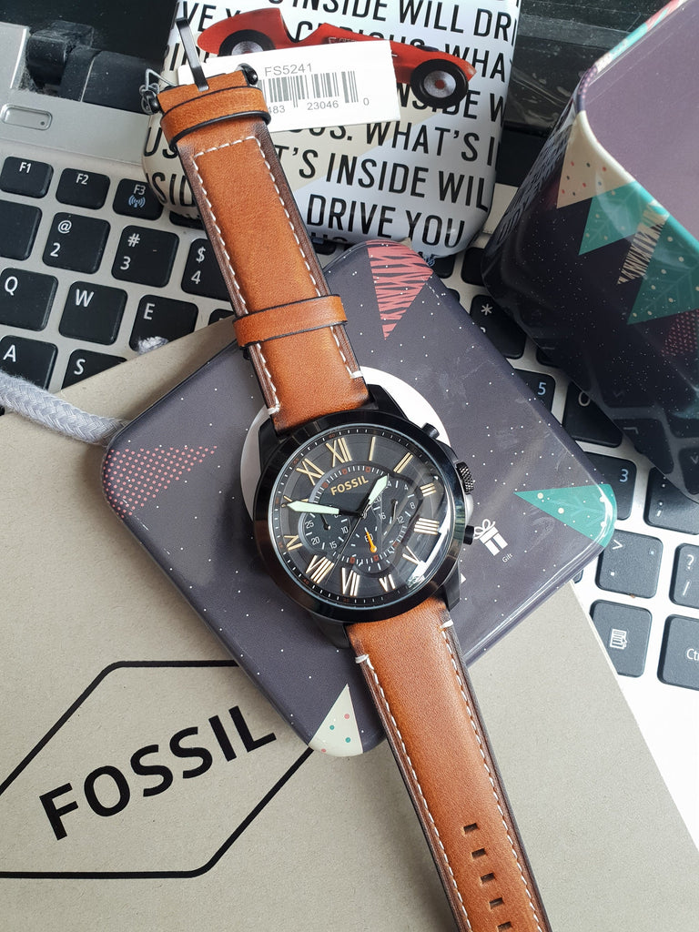 Fossil Grant Chronograph Black Dial Brown Leather Strap Watch for Men - FS5241