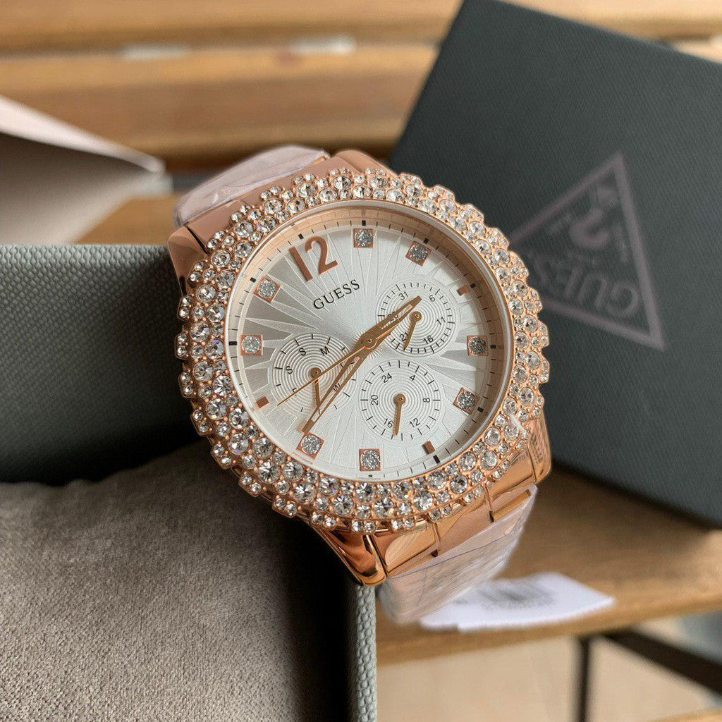 Guess Dazzler Diamonds Silver Dial Rose Gold Steel Strap Watch for Women - W0335L3 Buy Now By Guess