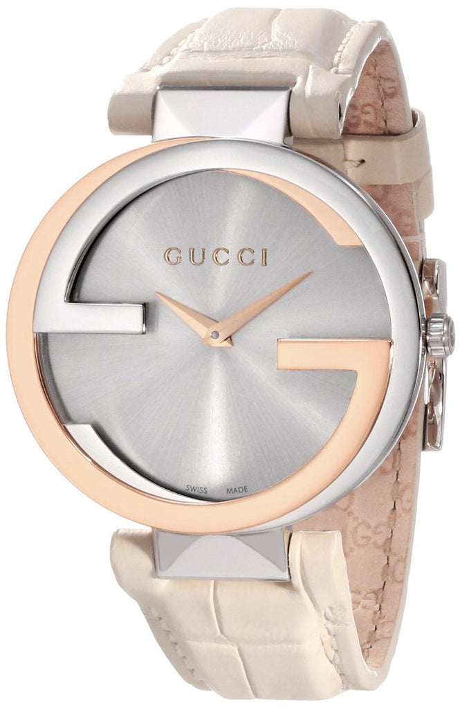 Gucci Interlocking 18K Gold Silver Dial White Leather Strap Watch For Women - YA133303 Buy Now By Gucci