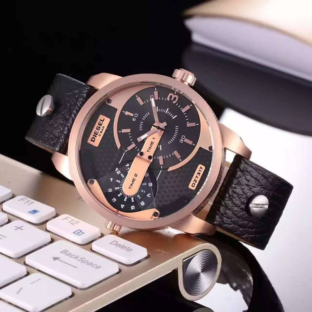 Diesel Mini Daddy Dual Time Black & Gold Dial Black Leather Strap Watch For Men - DZ7317 Buy Now By Diesel