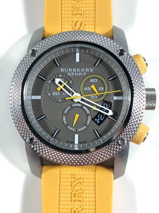 Burberry Sport Chronograph Grey Dial Yellow Rubber Strap Watch for Men - BU7712 Buy Now By Burberry
