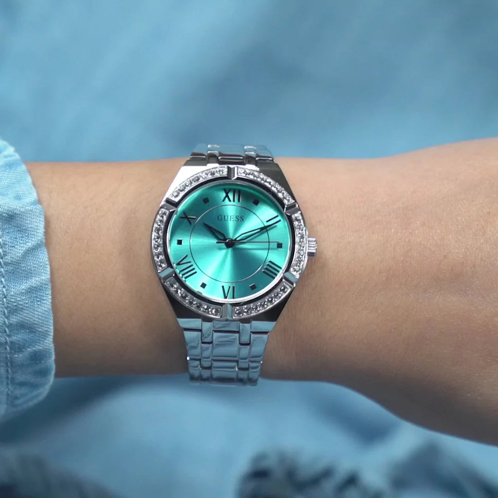 Guess Cosmo Diamonds Turquoise Dial Silver Steel Strap Watch for Women - GW0033L7 Buy Now By Guess