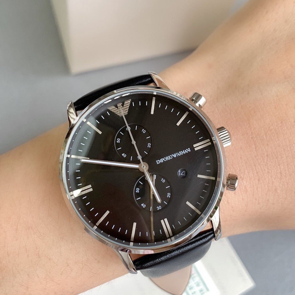 Emporio Armani Gianni Chronograph Black Dial Black Leather Strap Watch For Men - AR0397 Buy Now By Emporio Armani