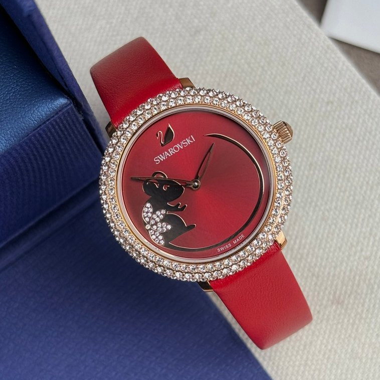 Swarovski Crystal Frost Red Dial Red Leather Strap Watch for Women - 5519226 Buy Now By Swarovski
