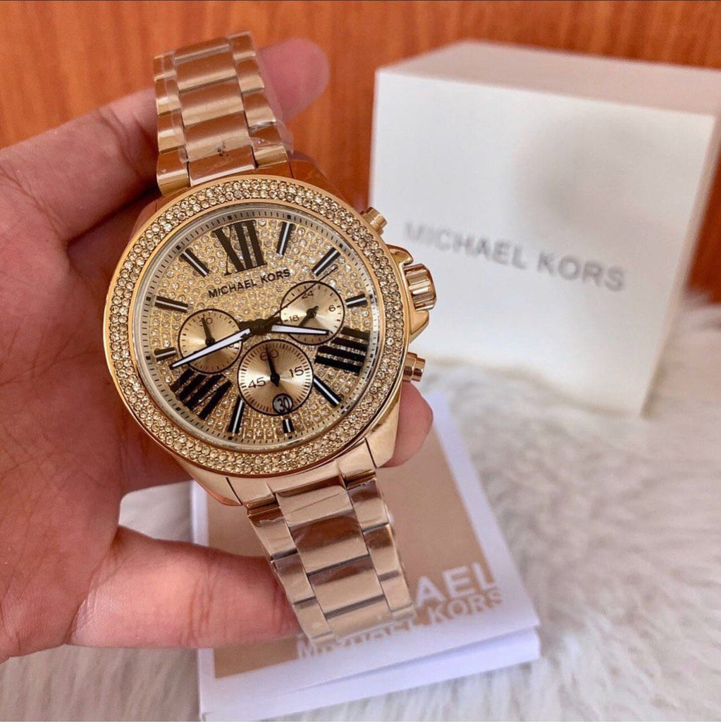 Michael Kors Wren Chronograph Crystal Pave Gold Dial Gold Steel Strap Watch for Women - MK6095 Buy Now By Michael Kors