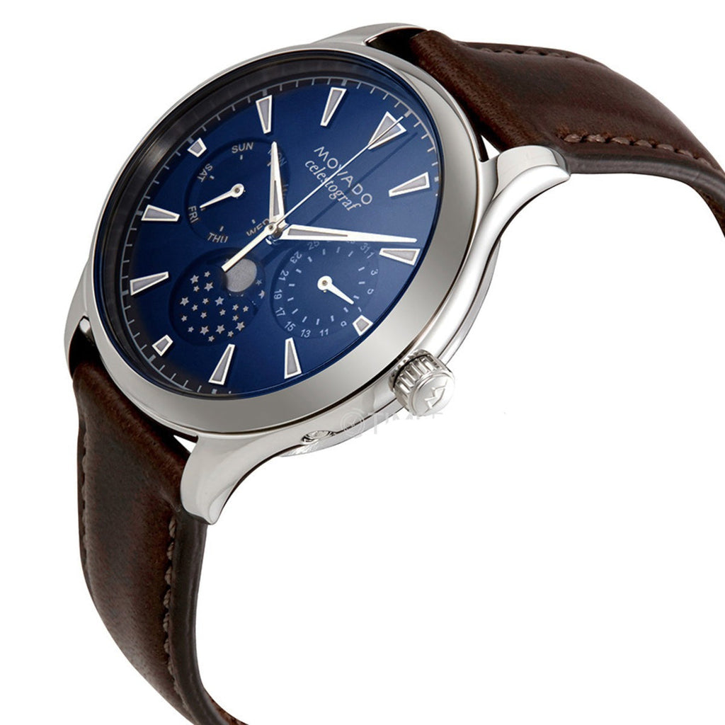 Movado Heritage Moonphase Blue Dial Brown Leather Strap Watch For Women - 3650009 Buy Now By Movado