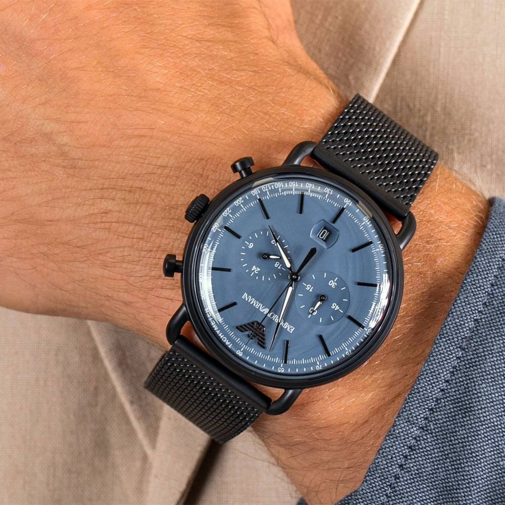 Emporio Armani Aviator Chronograph Blue Dial Black Mesh Bracelet Watch For Men - AR11201 Buy Now By Emporio Armani