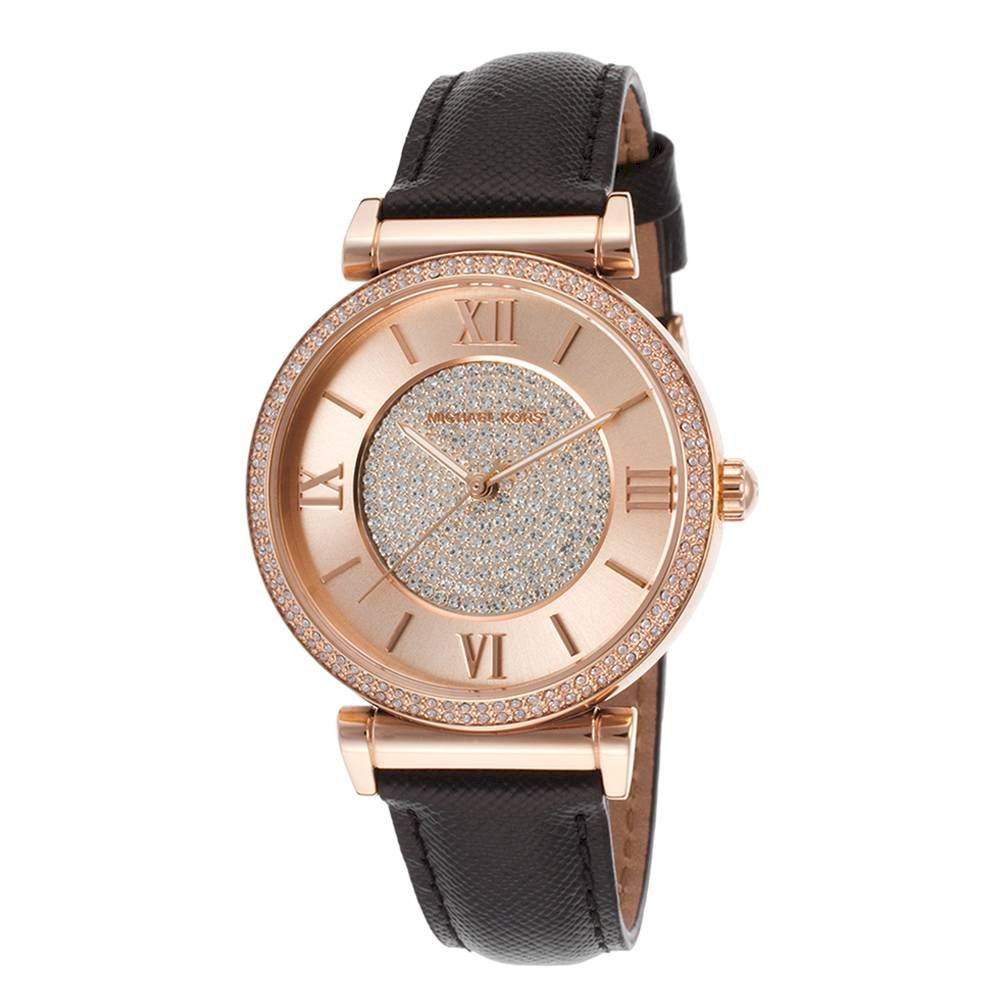 Michael Kors Catlin Rose Gold Crystal Dial Black Leather Strap Watch for Women - MK2376 Buy Now By Michael Kors