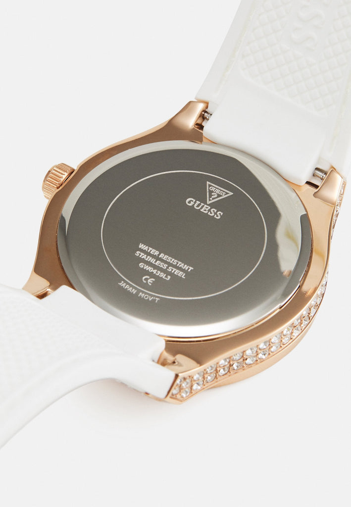 Guess Sport Multifunction Crystals Rose Gold Dial White Rubber Strap Watch For Women - GW0439L3 Buy Now By Guess