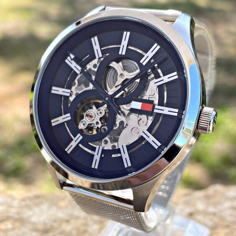 Tommy Hilfiger Spencer Skeleton Black Dial Silver Mesh Bracelet Watch for Men - 1791643 Buy Now By Tommy Hilfiger