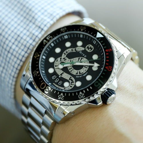 Gucci Dive Snake Black Dial Silver Steel Strap Watch For Men - YA136218 Buy Now By Gucci