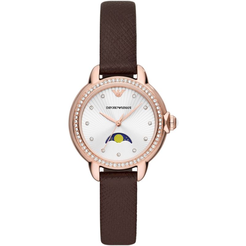 Emporio Armani Mia Moonphase Silver Dial Brown Leather Strap Watch For Women - AR11568 Buy Now By Emporio Armani