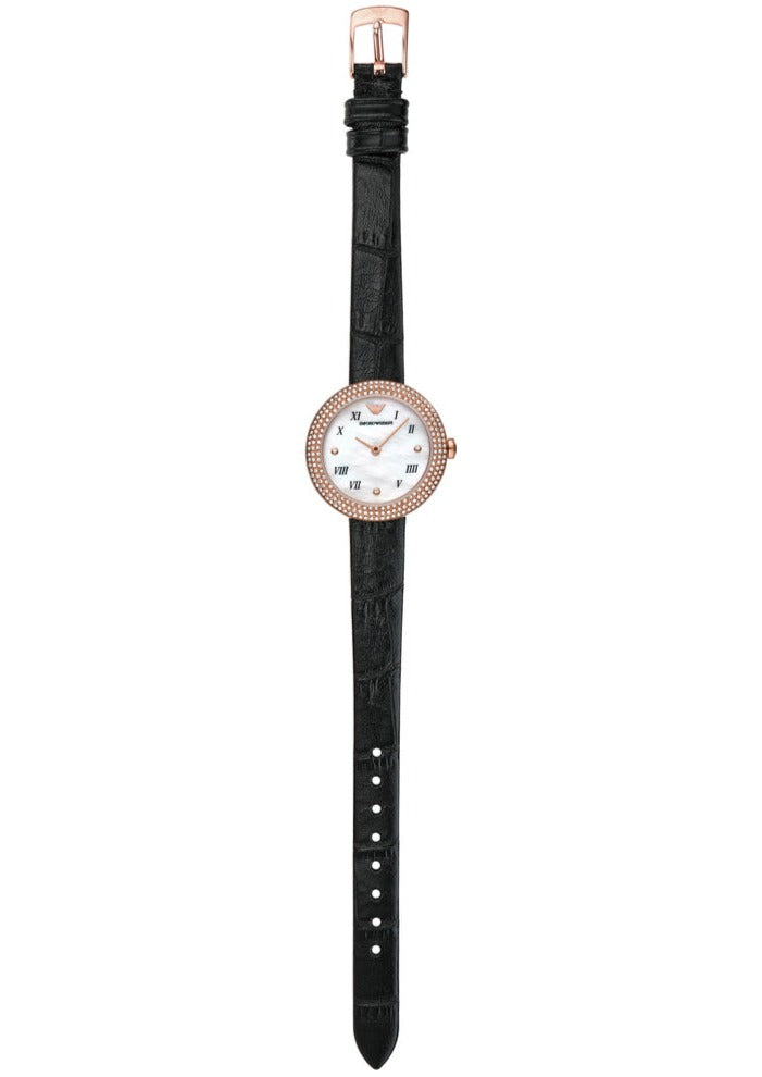 Emporio Armani Rosa Quartz Mother Of Pearl White Dial Black Leather Strap Watch For Women - AR11356 Buy Now By Emporio Armani