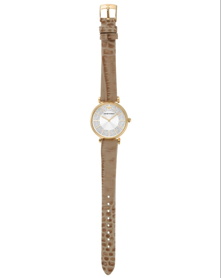 Emporio Armani Gianni T Bar Crystals Silver Dial Brown Leather Strap Watch For Women - AR11518 Buy Now By Emporio Armani