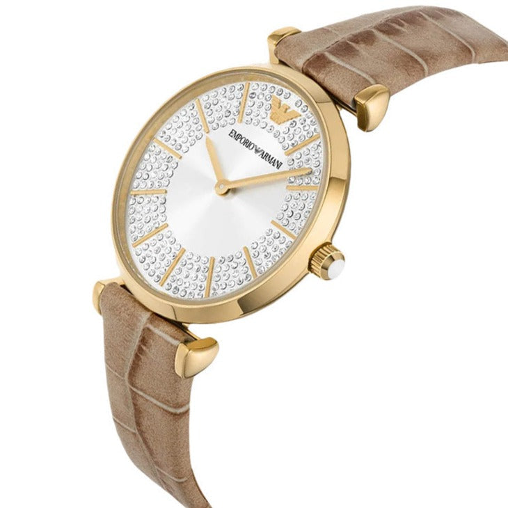 Emporio Armani Gianni T Bar Crystals Silver Dial Brown Leather Strap Watch For Women - AR11518 Buy Now By Emporio Armani