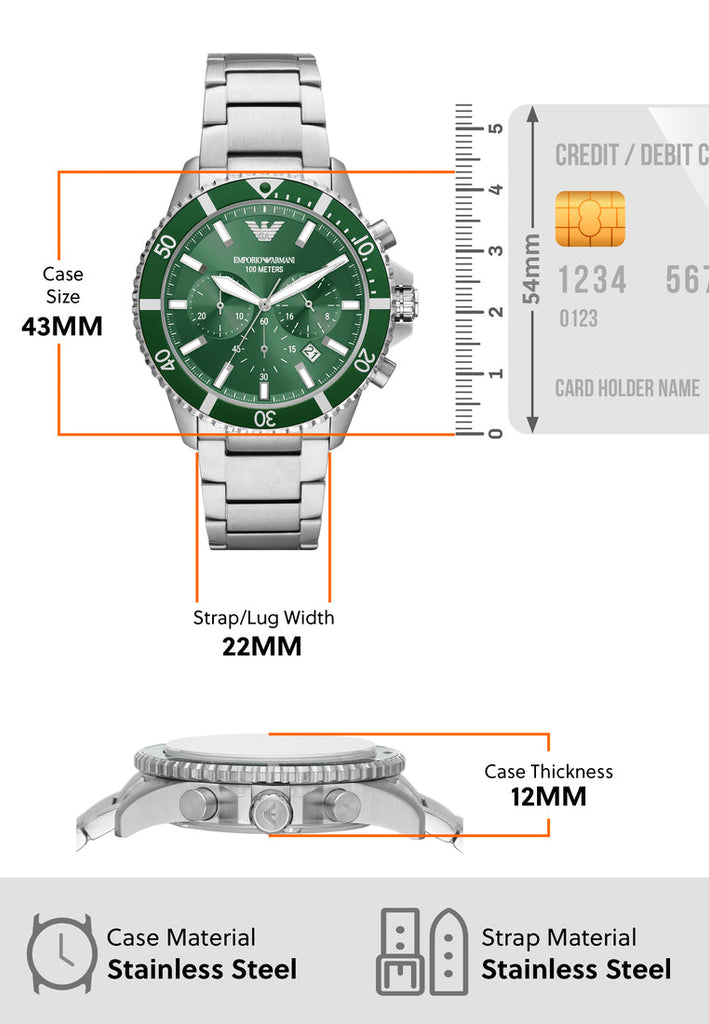 Emporio Armani Diver Chronograph Green Dial Silver Steel Strap Watch For Men - AR11500 Buy Now By Emporio Armani
