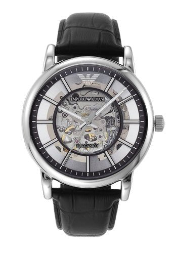 Emporio Armani Luigi Silver Skeleton Dial Black Leather Strap Watch For Men - AR1981 Buy Now By Emporio Armani