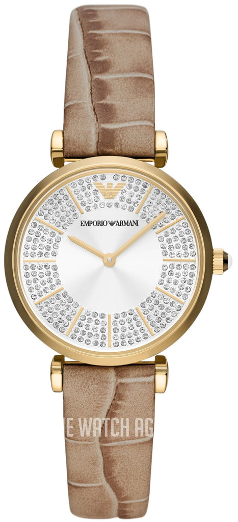 Emporio Armani Gianni T Bar Crystals Silver Dial Brown Leather Strap Watch For Women - AR11518 Buy Now By Emporio Armani