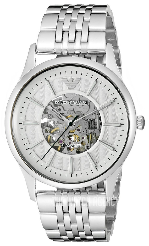 Emporio Armani Meccanico Skeleton Silver Dial Silver Steel Strap Watch For Men - AR1945 Buy Now By Emporio Armani