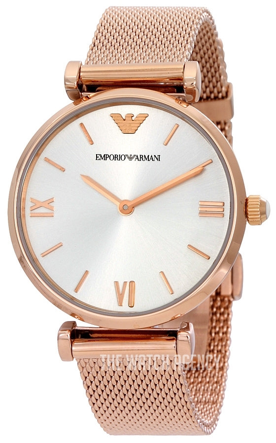 Emporio Armani Gianni T Bar Silver Dial Rose Gold Mesh Bracelet Watch For Women - AR1956 Buy Now By Emporio Armani