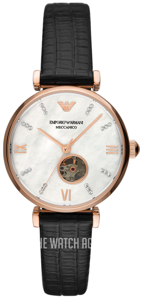 Emporio Armani Gianni T Bar Mother of Pearl White Dial Black Leather Strap Watch For Women - AR60047 Buy Now By Emporio Armani