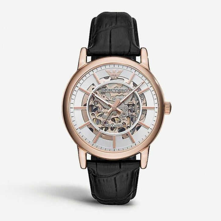 Emporio Armani Luigi Skeleton Silver Dial Black Leather Strap Watch For Men - AR60007 Buy Now By Emporio Armani