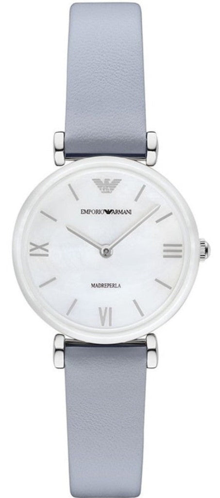 Emporio Armani Gianni T-Bar Mother Of Pearl White Dial Grey Leather Strap Watch For Women - AR11039 Buy Now By Emporio Armani