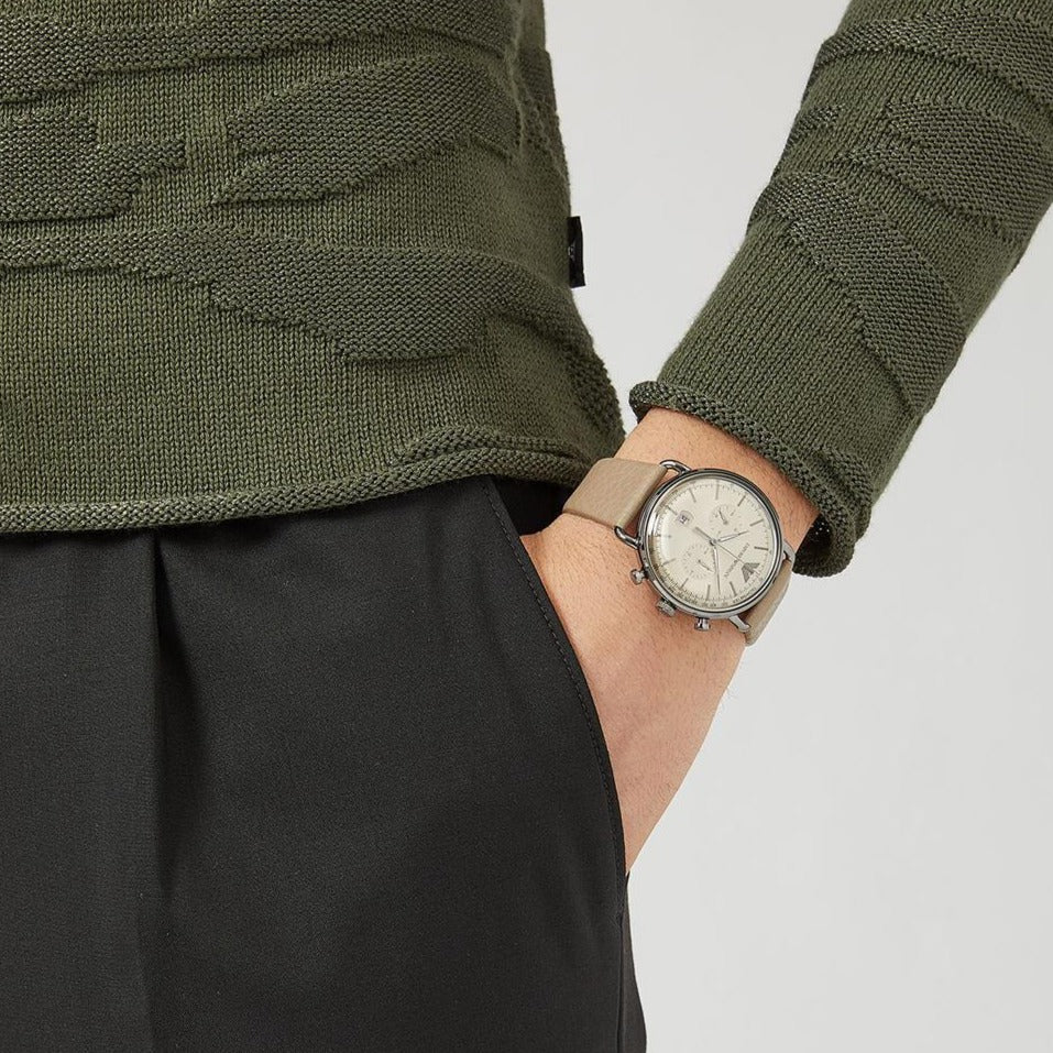 Emporio Armani Aviator Chronograph Quartz Grey Dial Beige Leather Strap Watch For Men - AR11107 Buy Now By Emporio Armani