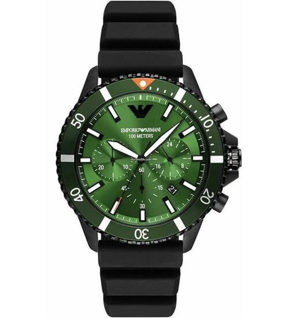Emporio Armani Diver Chronograph Quartz Green Dial Black Silicon Strap Watch For Men - AR11463 Buy Now By Emporio Armani
