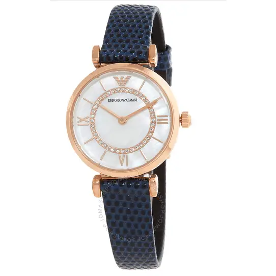 Emporio Armani Gianni T-Bar Analog Mother of Pearl Dial Blue Leather Strap Watch For Women - AR11468 Buy Now By Emporio Armani