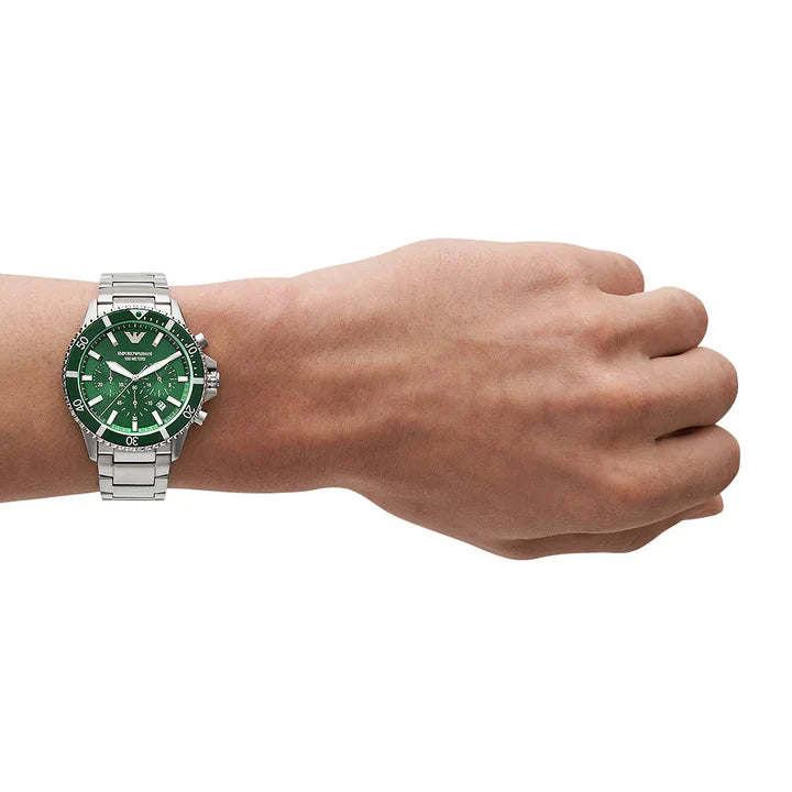 Emporio Armani Diver Chronograph Green Dial Silver Steel Strap Watch For Men - AR11500 Buy Now By Emporio Armani