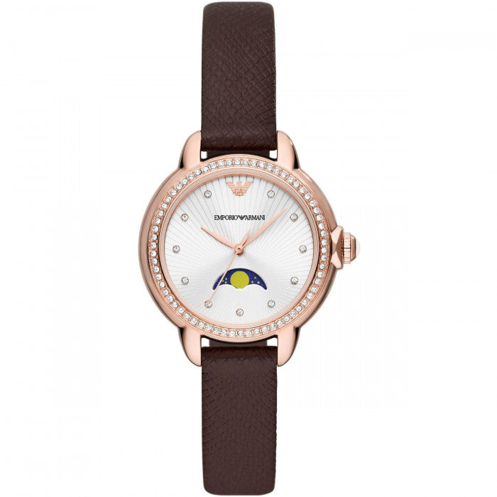 Emporio Armani Mia Moonphase Silver Dial Brown Leather Strap Watch For Women - AR11568 Buy Now By Emporio Armani