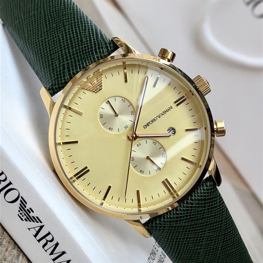 Emporio Armani Chronograph Champagne Dial Green Leather Strap Watch For Men - AR1722 Buy Now By Emporio Armani
