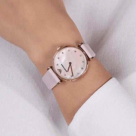 Emporio Armani Gianni T Bar Mother Of Pearl Pink Dial Pink Leather Strap Watch For Women - AR1958 Buy Now By Emporio Armani