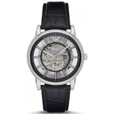 Emporio Armani Luigi Silver Skeleton Dial Black Leather Strap Watch For Men - AR1981 Buy Now By Emporio Armani