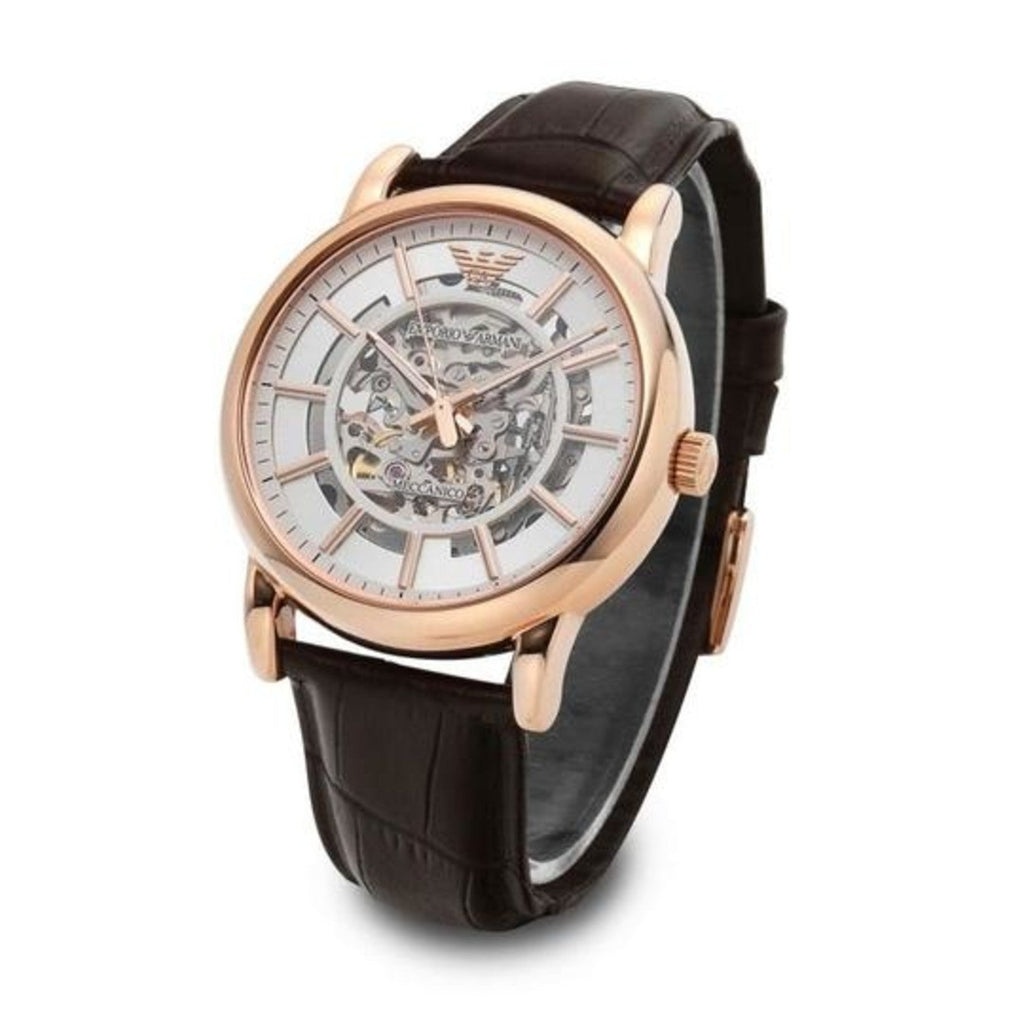 Emporio Armani Meccanico Silver Skeleton Dial Brown Leather Strap Watch For Men - AR1983 Buy Now By Emporio Armani
