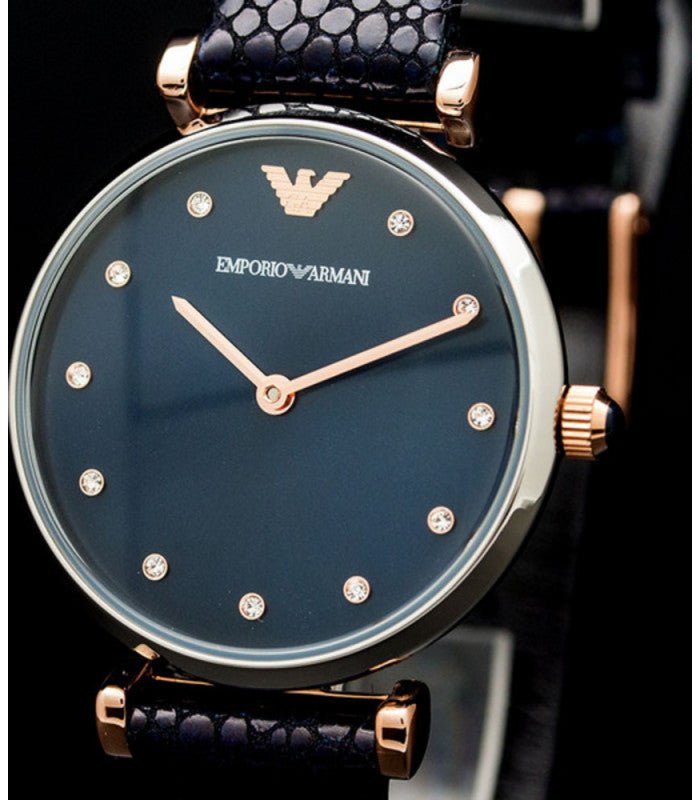 Emporio Armani Gianni T Bar Analog Blue Dial Black Leather Strap Watch For Women - AR1989 Buy Now By Emporio Armani