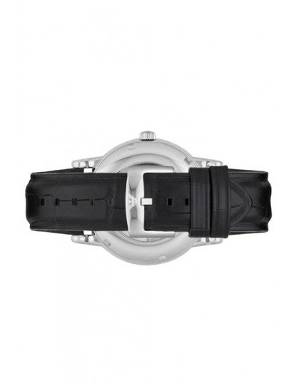 Emporio Armani Meccanico Silver Skeleton Dial Black Leather Watch For Men - AR1997 Buy Now By Emporio Armani