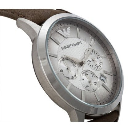 Emporio Armani Classic Chronograph Silver Dial Brown Leather Strap Watch For Men - AR2471 Buy Now By Emporio Armani