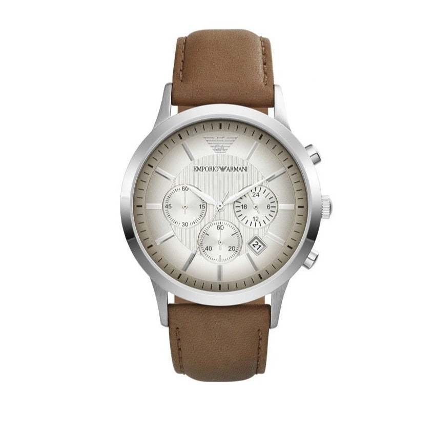 Emporio Armani Classic Chronograph Silver Dial Brown Leather Strap Watch For Men - AR2471 Buy Now By Emporio Armani