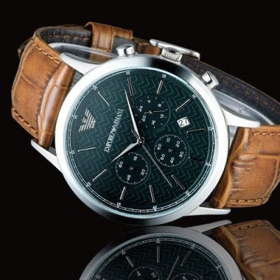 Emporio Armani Renato Chronograph Green Dial Brown Leather Strap Watch For Men - AR2493 Buy Now By Emporio Armani