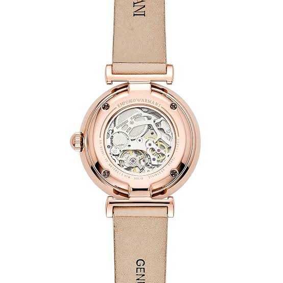 Emporio Armani Meccanico Silver Skeleton Dial Beige Leather Strap Watch For Women - AR60001 Buy Now By Emporio Armani