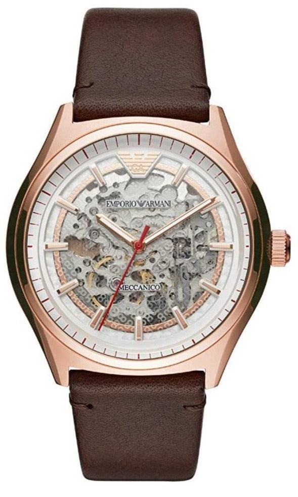 Emporio Armani Meccanico White Skeleton Dial Brown Leather Strap Watch For Men - AR60005 Buy Now By Emporio Armani
