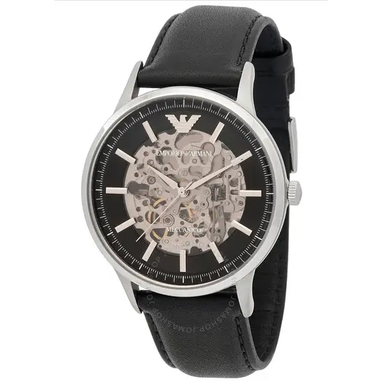 Emporio Armani Meccanico Skeleton Automatic Black Dial Black Leather Strap Watch for Men - AR60038 Buy Now By Emporio Armani