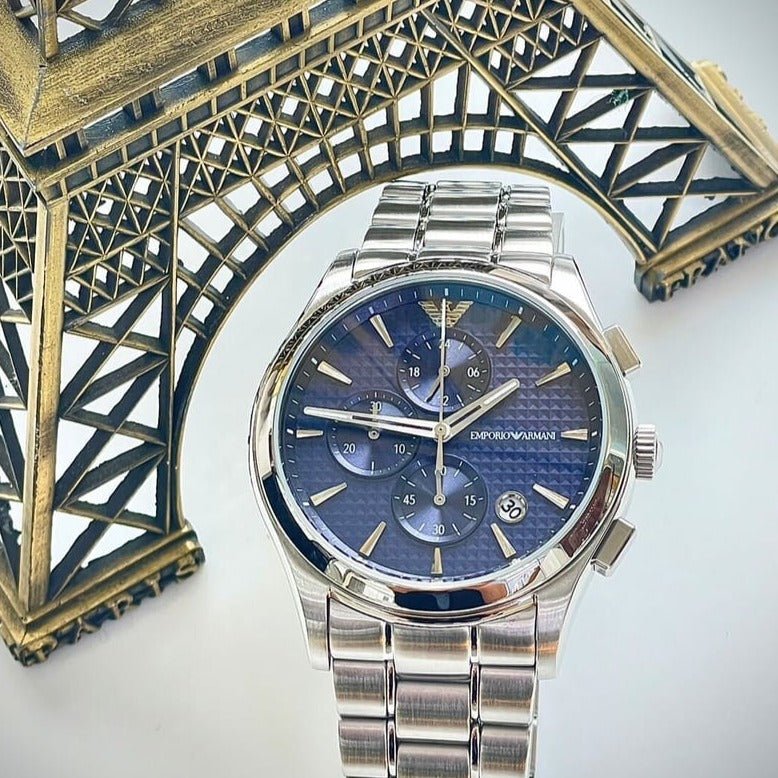 Emporio Armani Chronograph Blue Dial Silver Steel Strap Watch For Men - AR11528